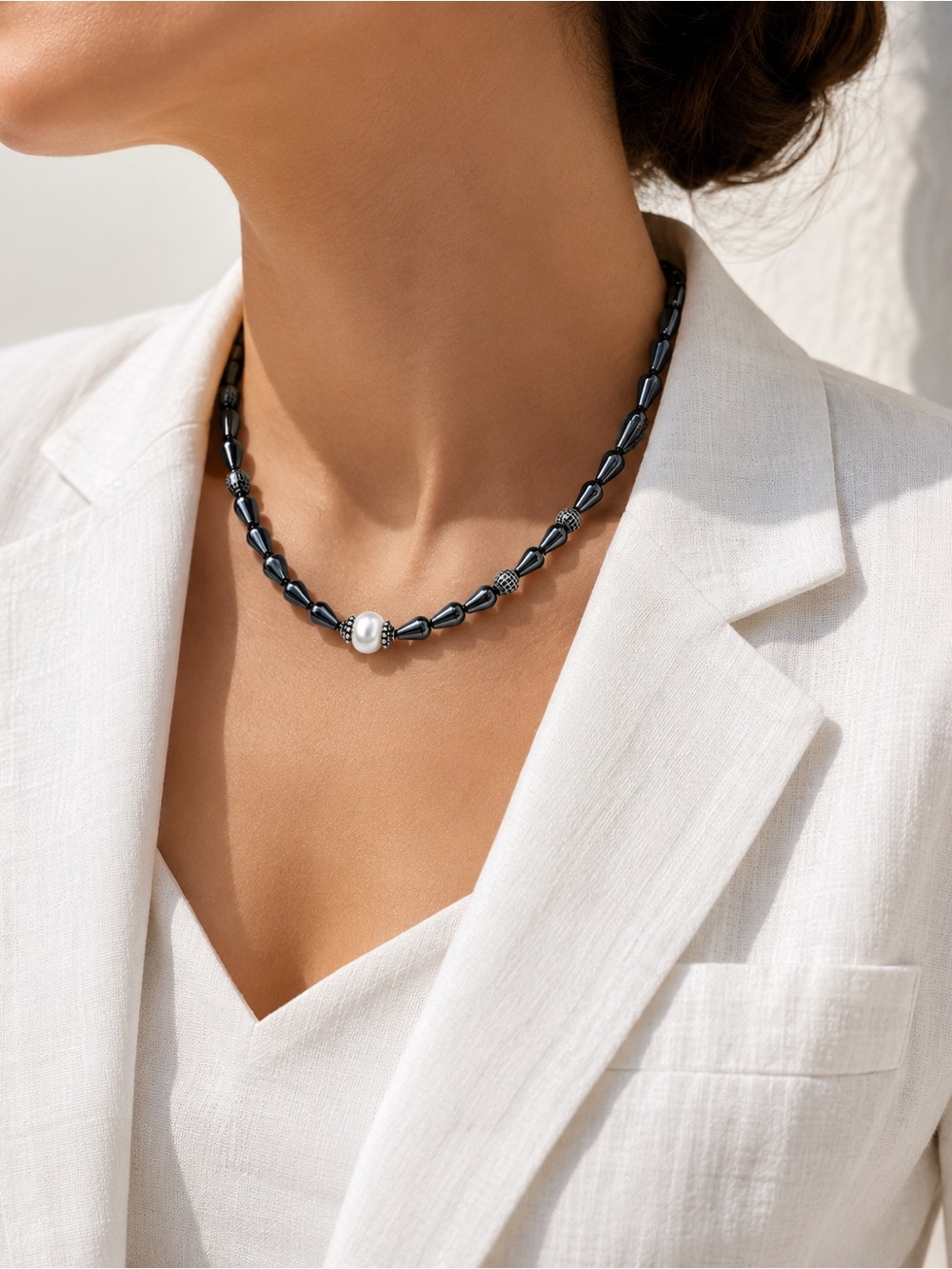 Hematite & Freshwater Pearl Necklace Art Jewelry NWT - Picture 5 of 9